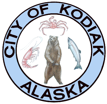 the seal of the City of Kodiak Alaska featuring a Kodiak brown bear, salmon, crab, and shrimp